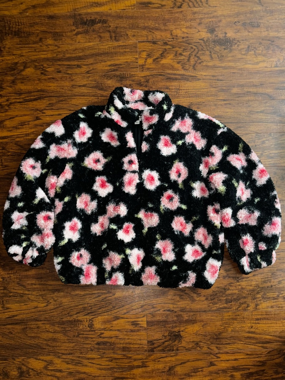 Sandy Liang for Target Floral Sherpa Jacket Black Pink Flowers Faux Fur Pullover